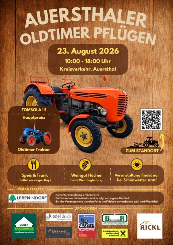 Offizielles Veranstaltungsplakat zum Auersthaler Oldtimer Pflügen 2026 mit allen Highlights im Überblick.